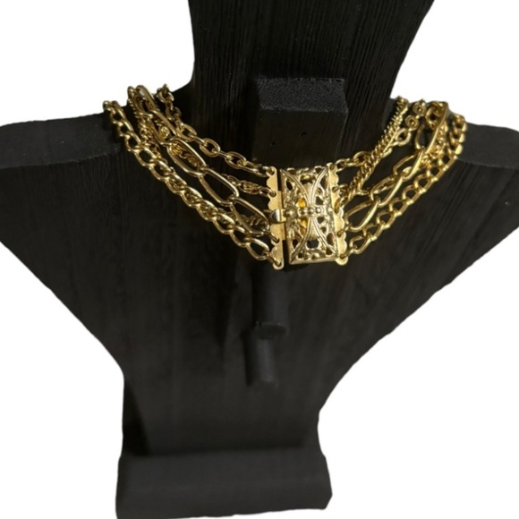 Long Multi Strand Gold Necklace with Locket Five Gold Tone Chains and Locket - Picture 7 of 12